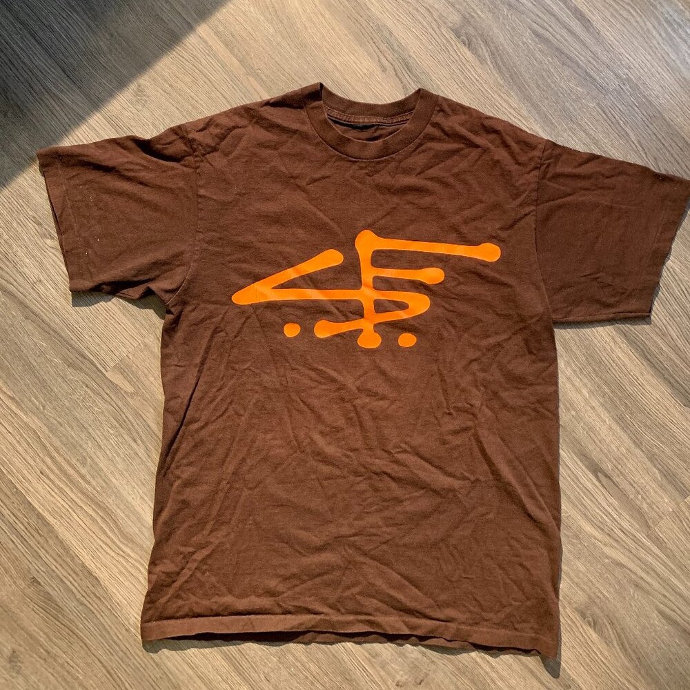 STUSSY T-Shirt, Brown with Orange 'San Francisco' SF signature, Men's Large